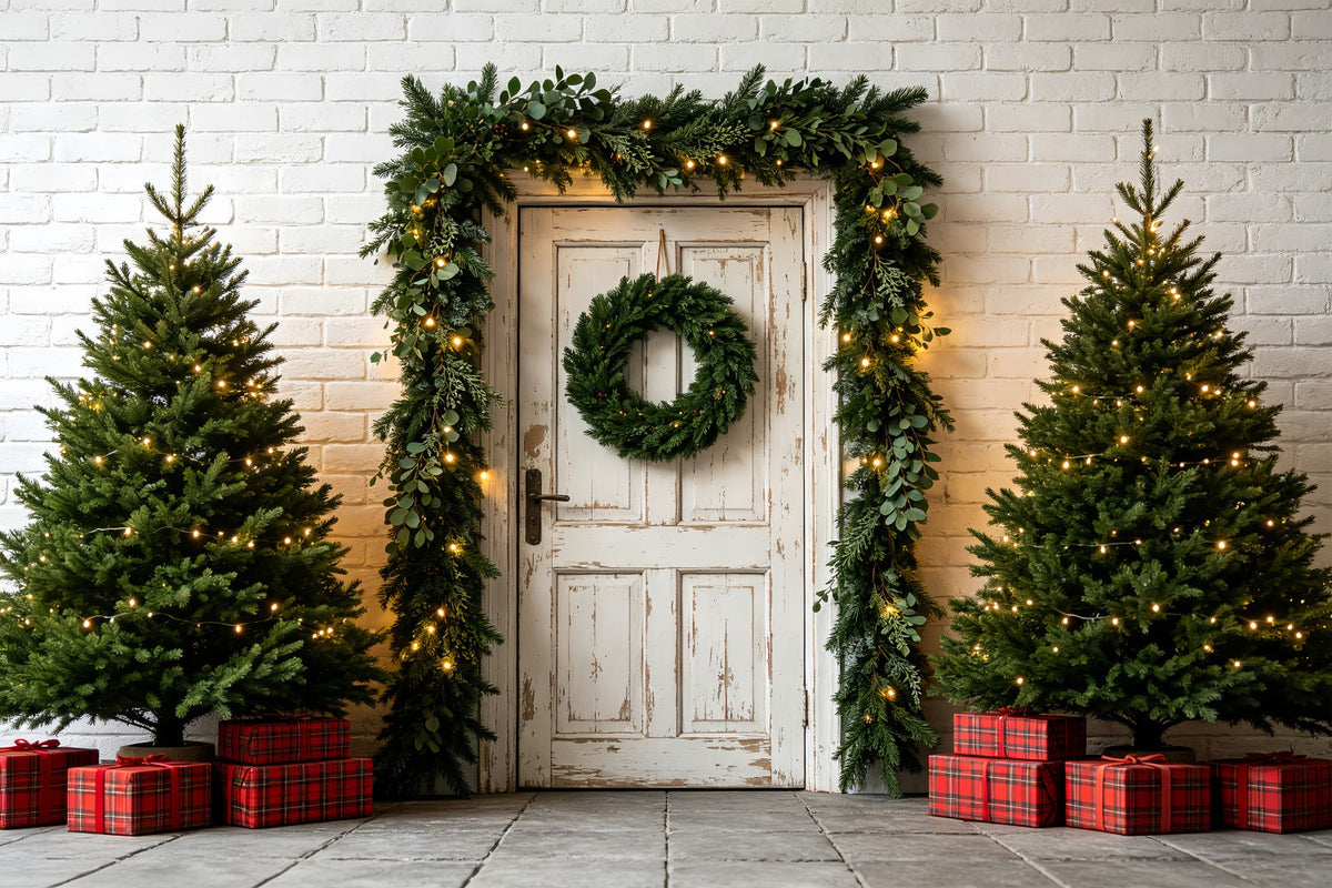 Décor De Verdure De Noël Entrée Avec Guirlande De Porte Blanche Décors Photographiques De Noël ZTT69-47