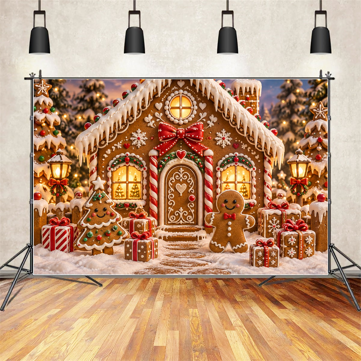Fond Maison Pain D'Épices Cottage Bonbons Arbres Enneigés ZTT69-57