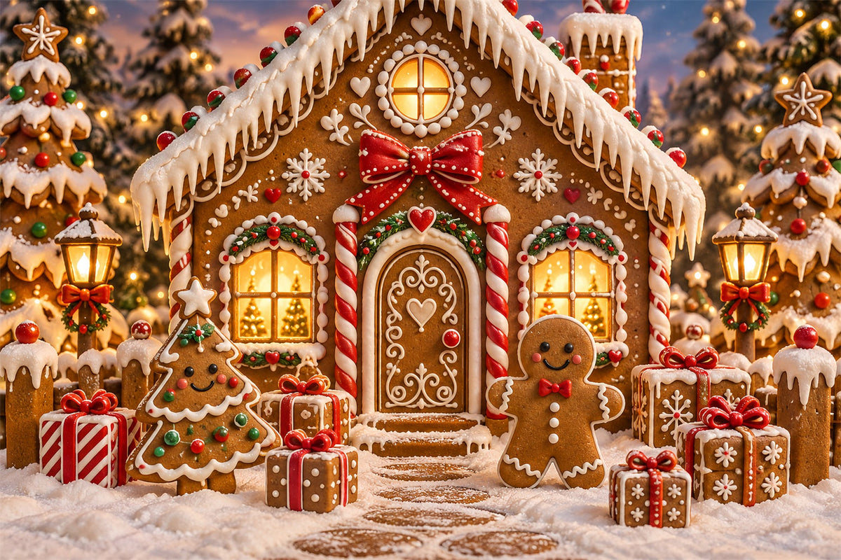 Fond Maison Pain D'Épices Cottage Bonbons Arbres Enneigés ZTT69-57