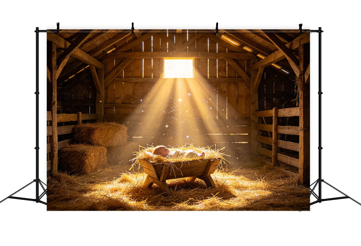 Fond De Crèche De Noël Mangeoire Dorée Lumière Bébé ZTT69-58