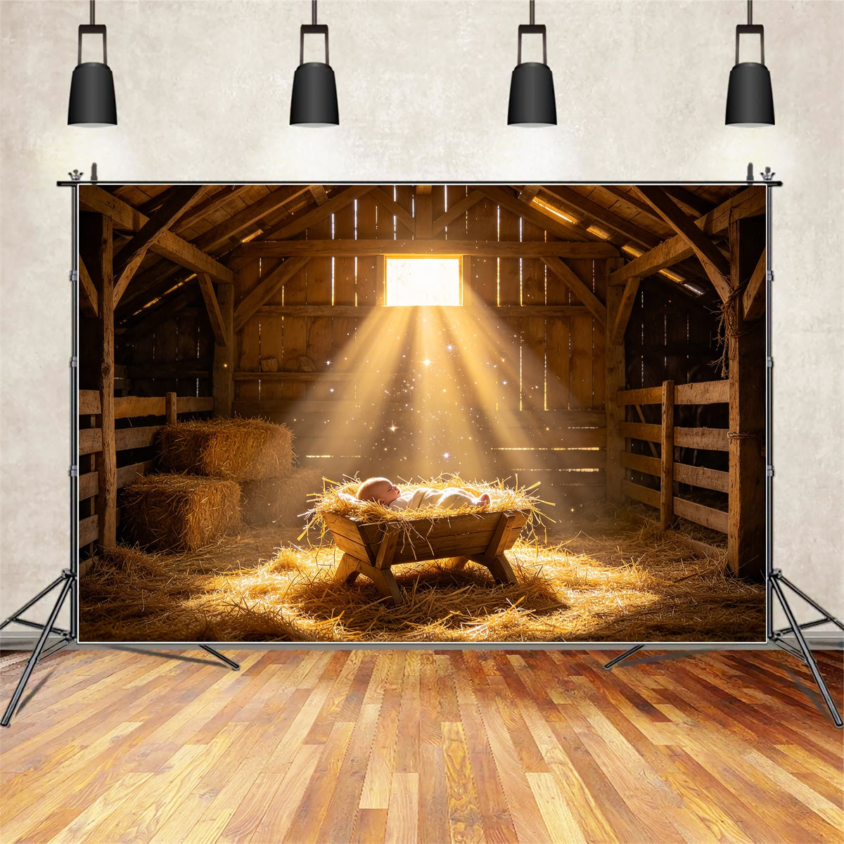 Fond De Crèche De Noël Mangeoire Dorée Lumière Bébé ZTT69-58