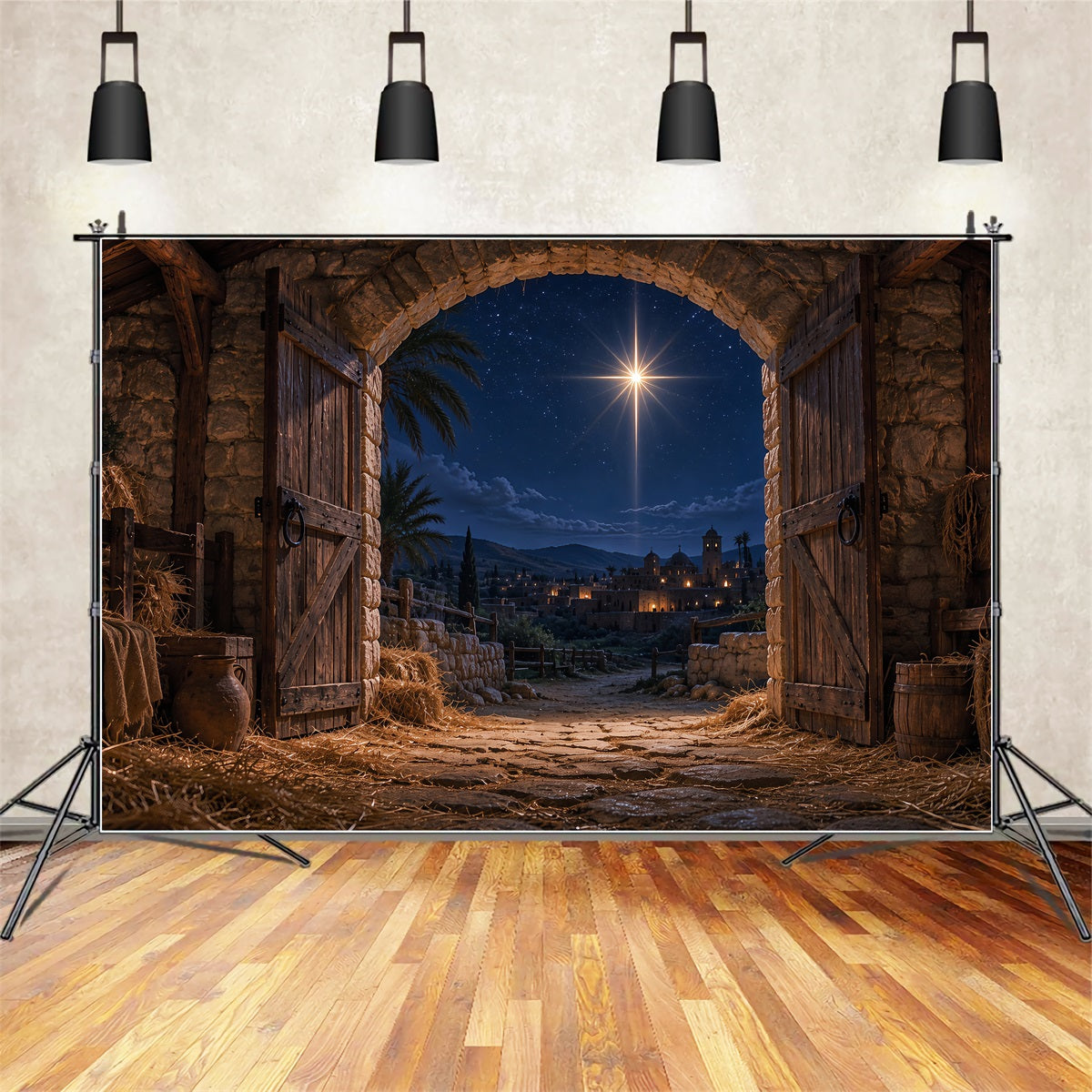 Fond De Crèche De Noël Étoile Bethléem Étable Nuit ZTT69-59