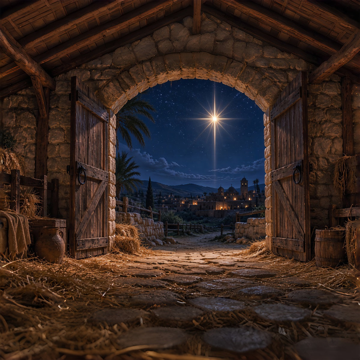 Fond De Crèche De Noël Étoile Bethléem Étable Nuit ZTT69-59