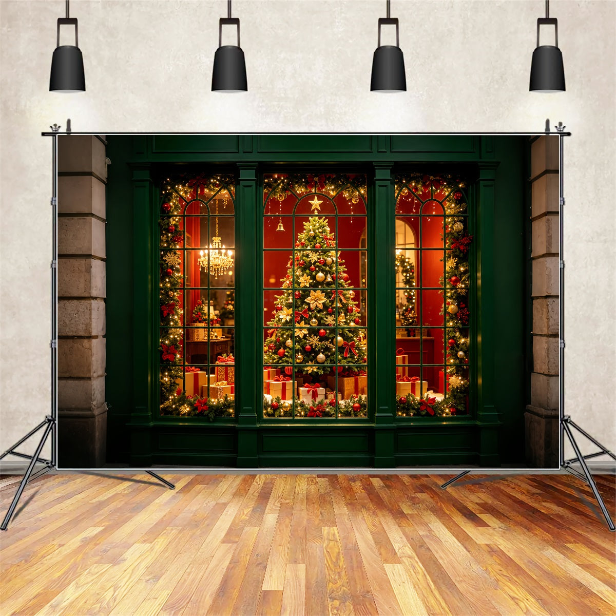 Décor De Vitrine De Noël Vitrine Verte Pour Les Fêtes Fond De Noël Professionnel ZTT69-6