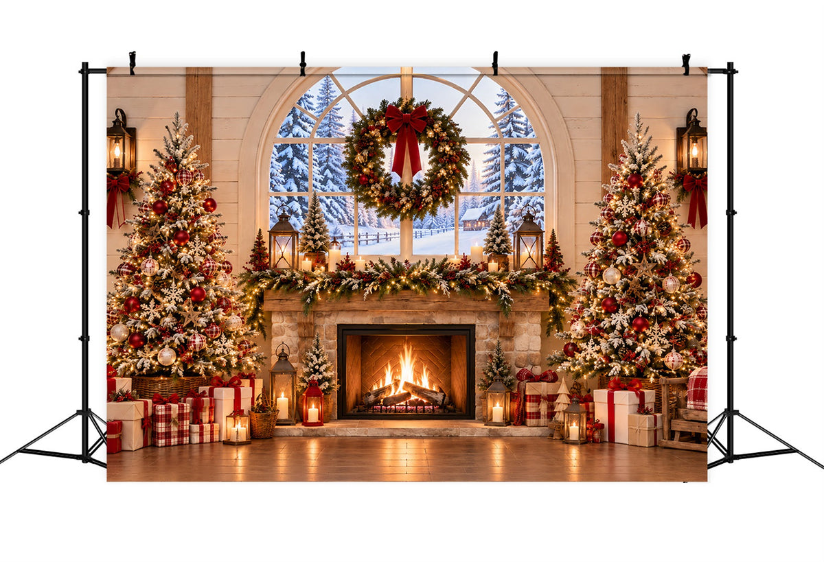 Fond De Noël Intérieur Cheminée Rustique Couronne ZTT69-60