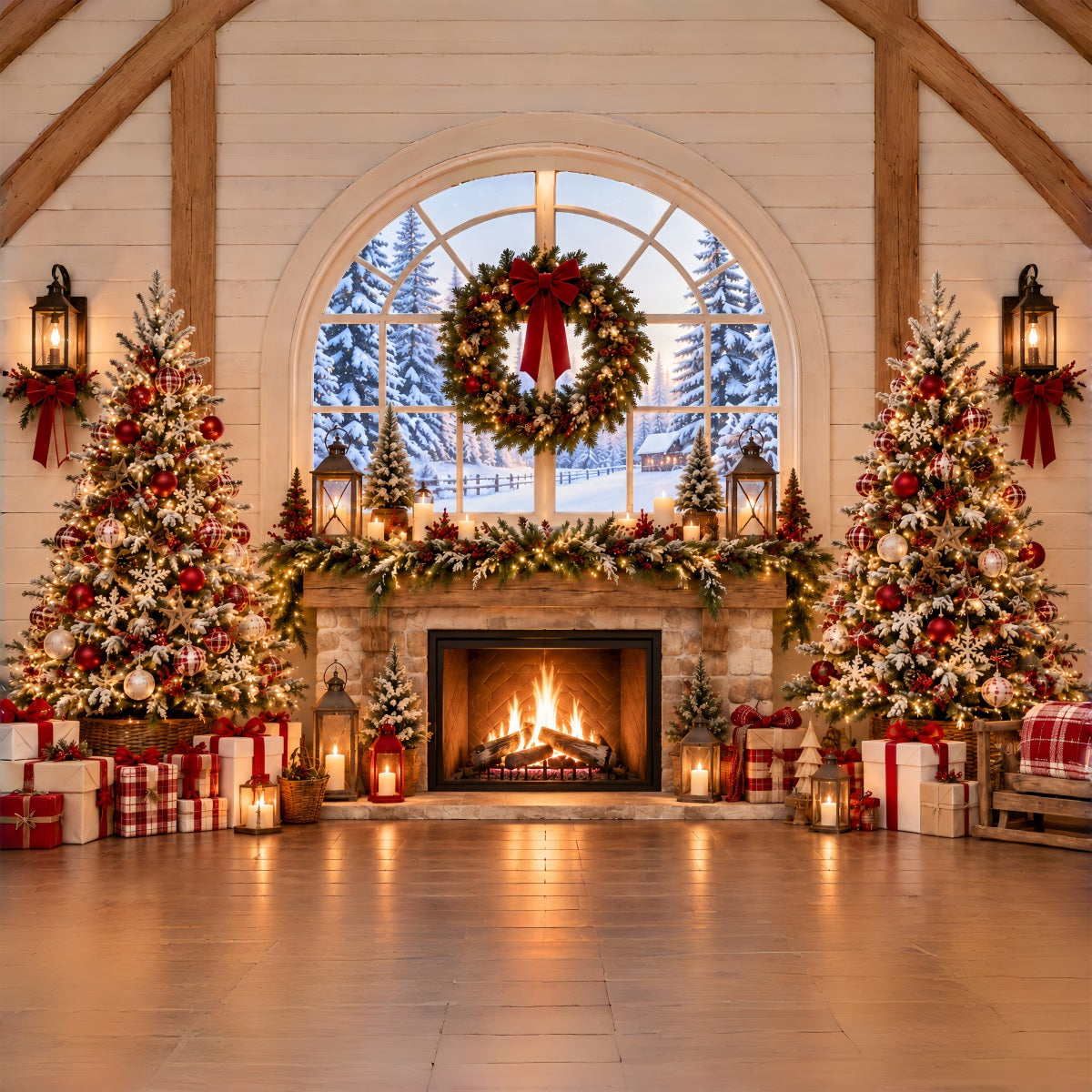 Fond De Noël Intérieur Cheminée Rustique Couronne ZTT69-60