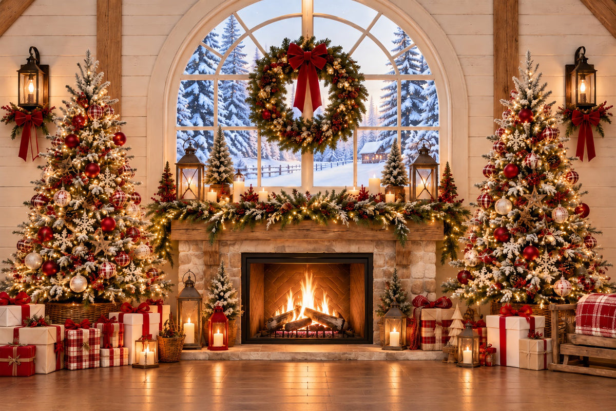 Fond De Noël Intérieur Cheminée Rustique Couronne ZTT69-60