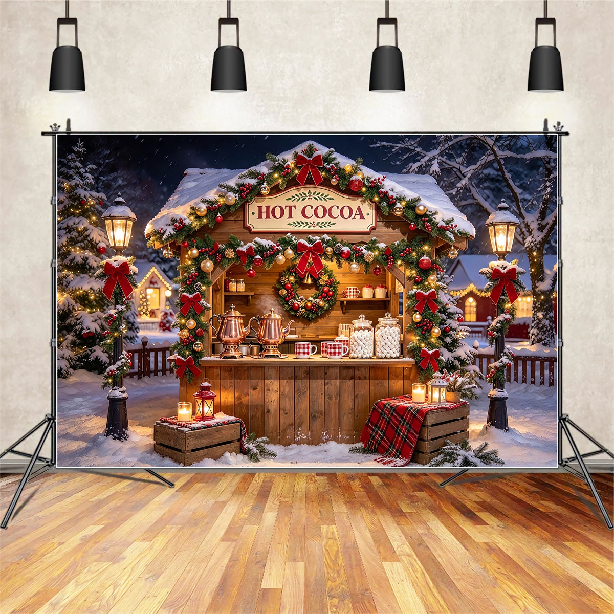 Fond Photo De Noël Stand Chocolat Chaud Enneigé ZTT69-66