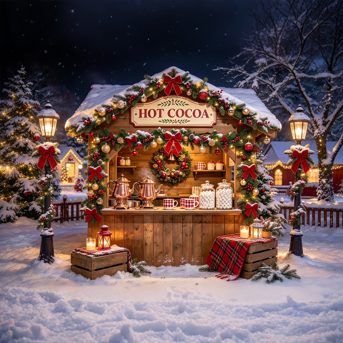 Fond Photo De Noël Stand Chocolat Chaud Enneigé ZTT69-66