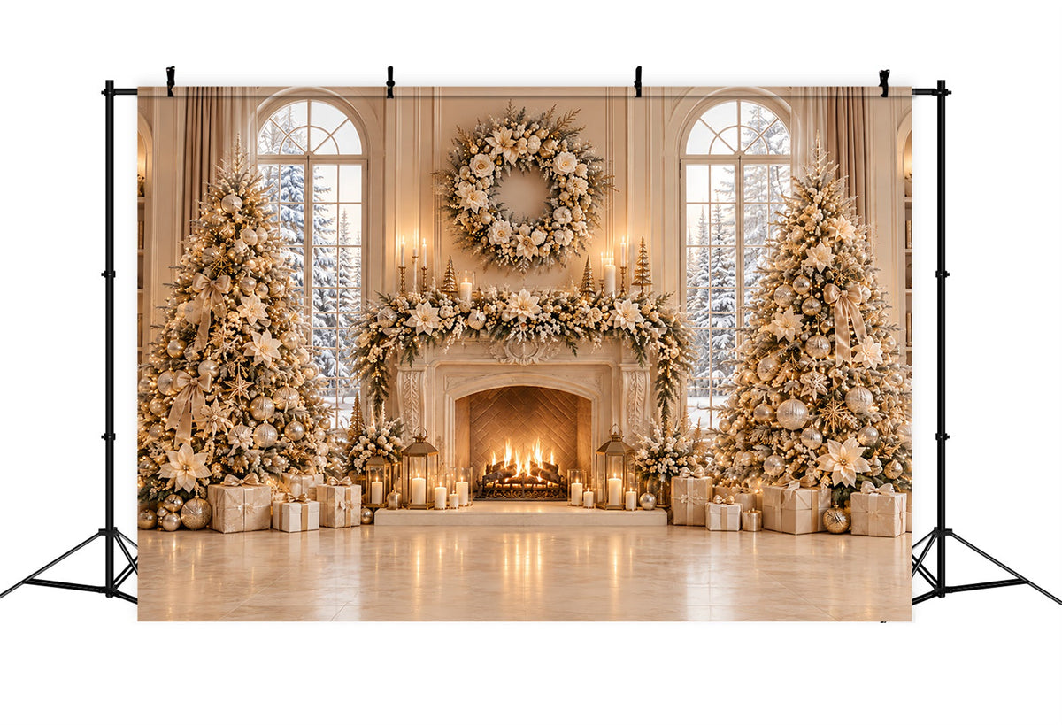 Fond Photo De Noël Cheminée Florale Ivoire Élégante ZTT69-68