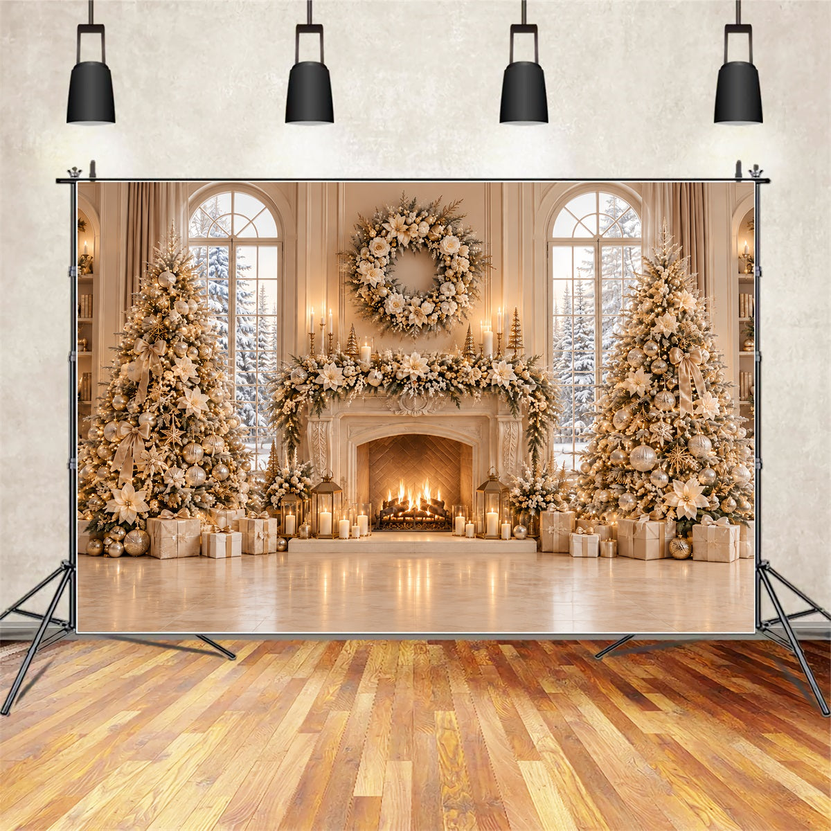 Fond Photo De Noël Cheminée Florale Ivoire Élégante ZTT69-68