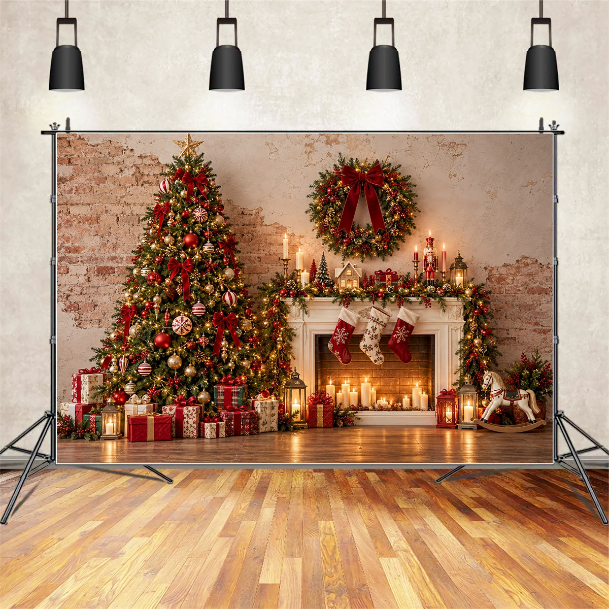 Fond Photo De Noël Cheminée Rustique Présentoir Cadeaux ZTT69-69
