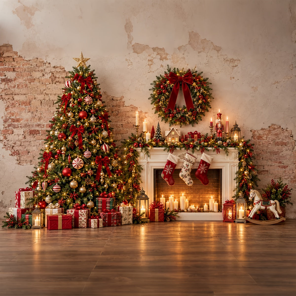 Fond Photo De Noël Cheminée Rustique Présentoir Cadeaux ZTT69-69