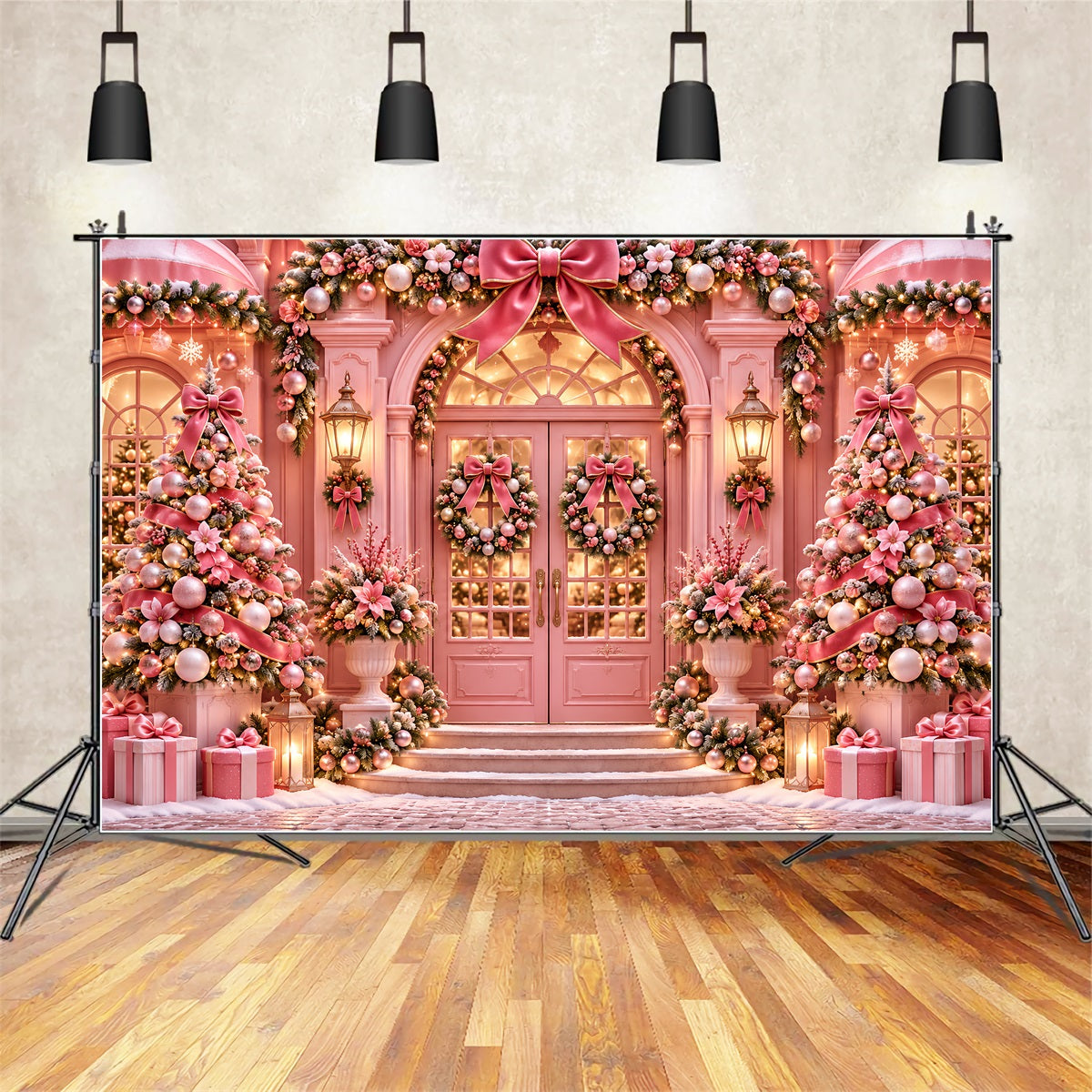 Fond De Noël Porte Rose Nœud Décoratif ZTT69-71