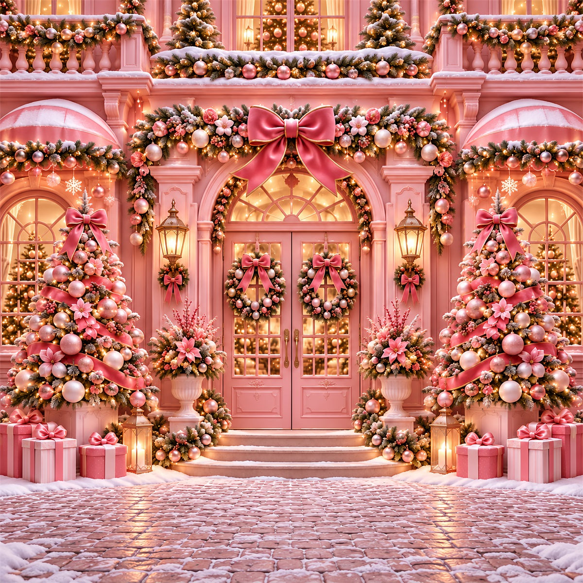 Fond De Noël Porte Rose Nœud Décoratif ZTT69-71