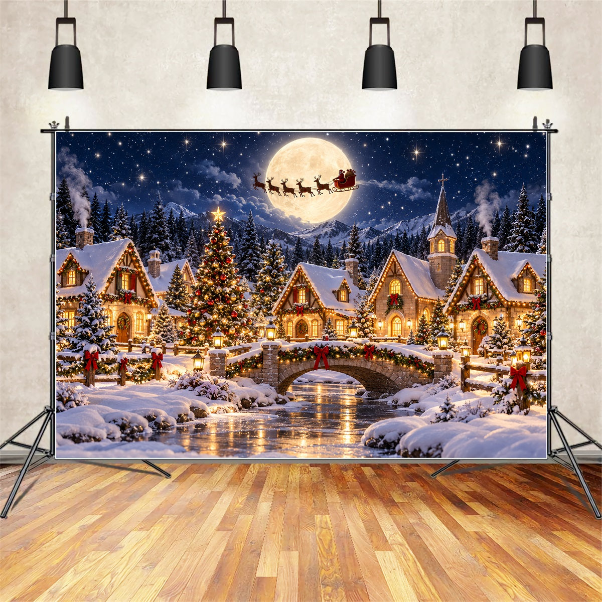 Fond Photo Père Noël Village Au Clair De Lune ZTT69-74