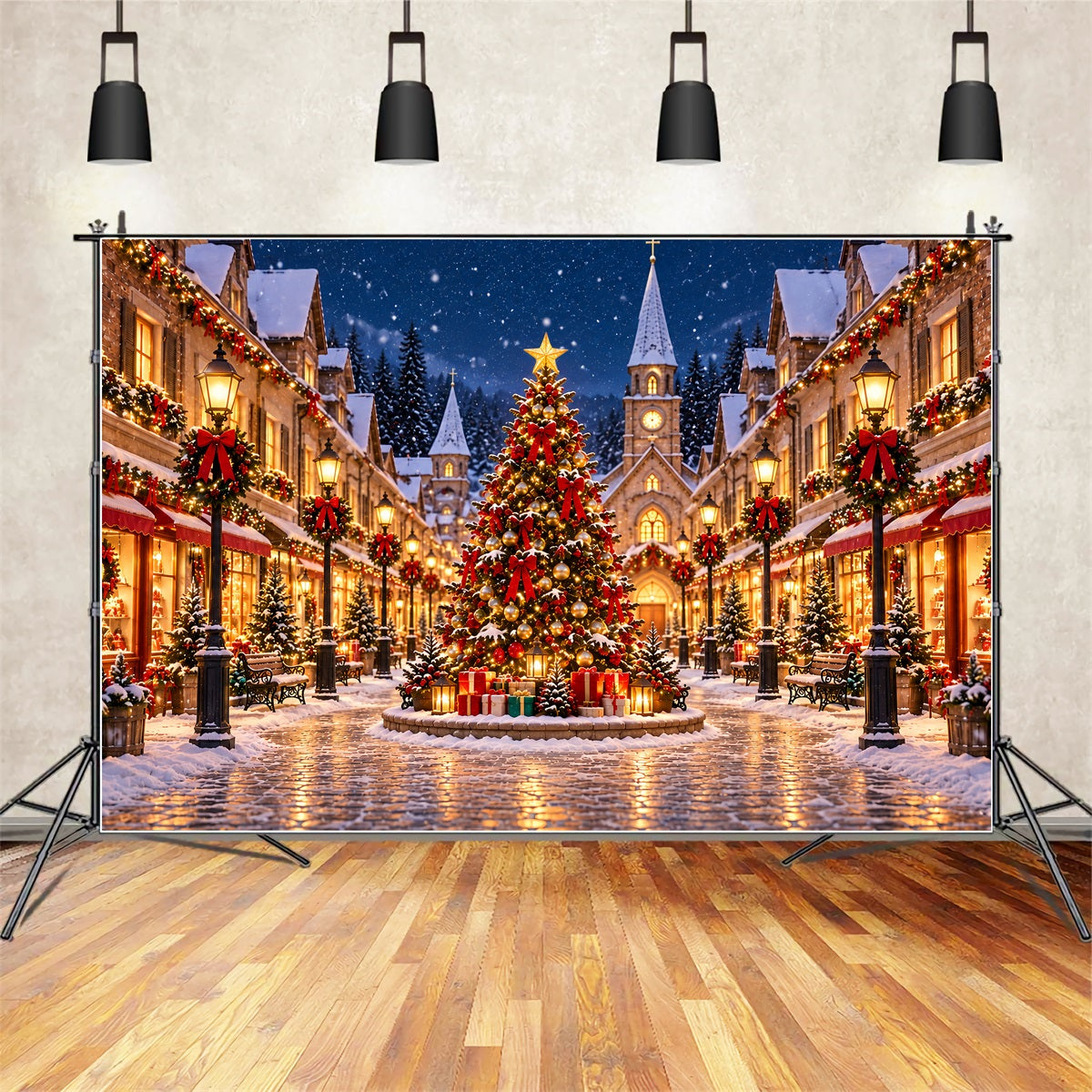 Fond De Village De Noël Place Illuminée Enneigée ZTT69-75