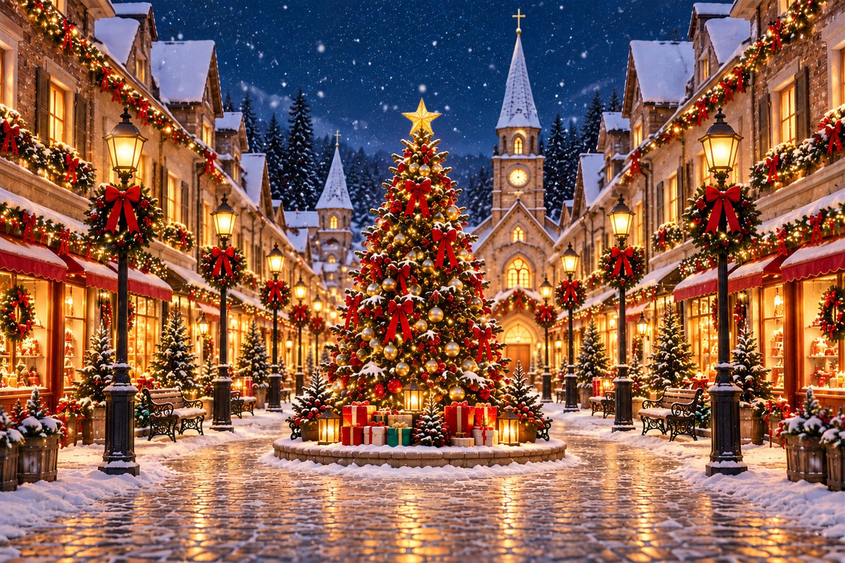 Fond De Village De Noël Place Illuminée Enneigée ZTT69-75
