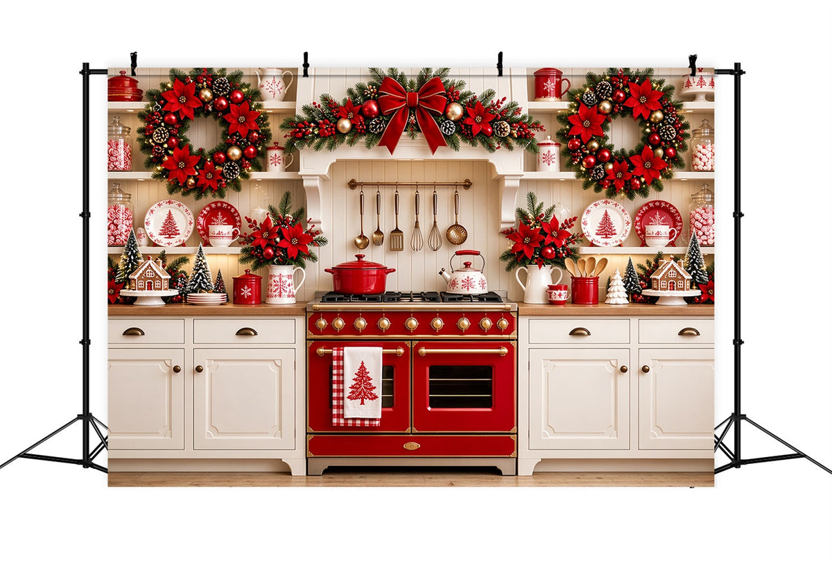 Fond Photo Cuisine De Noël Présentoir Poinsettias Rouges ZTT69-77