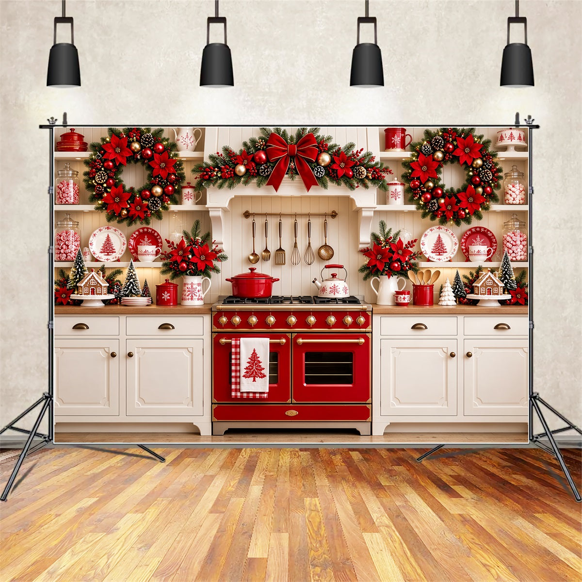 Fond Photo Cuisine De Noël Présentoir Poinsettias Rouges ZTT69-77