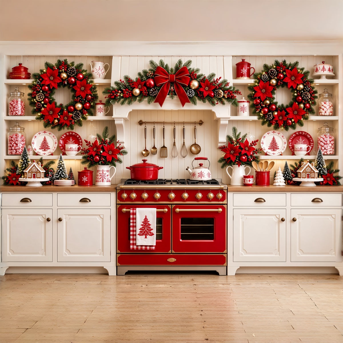 Fond Photo Cuisine De Noël Présentoir Poinsettias Rouges ZTT69-77