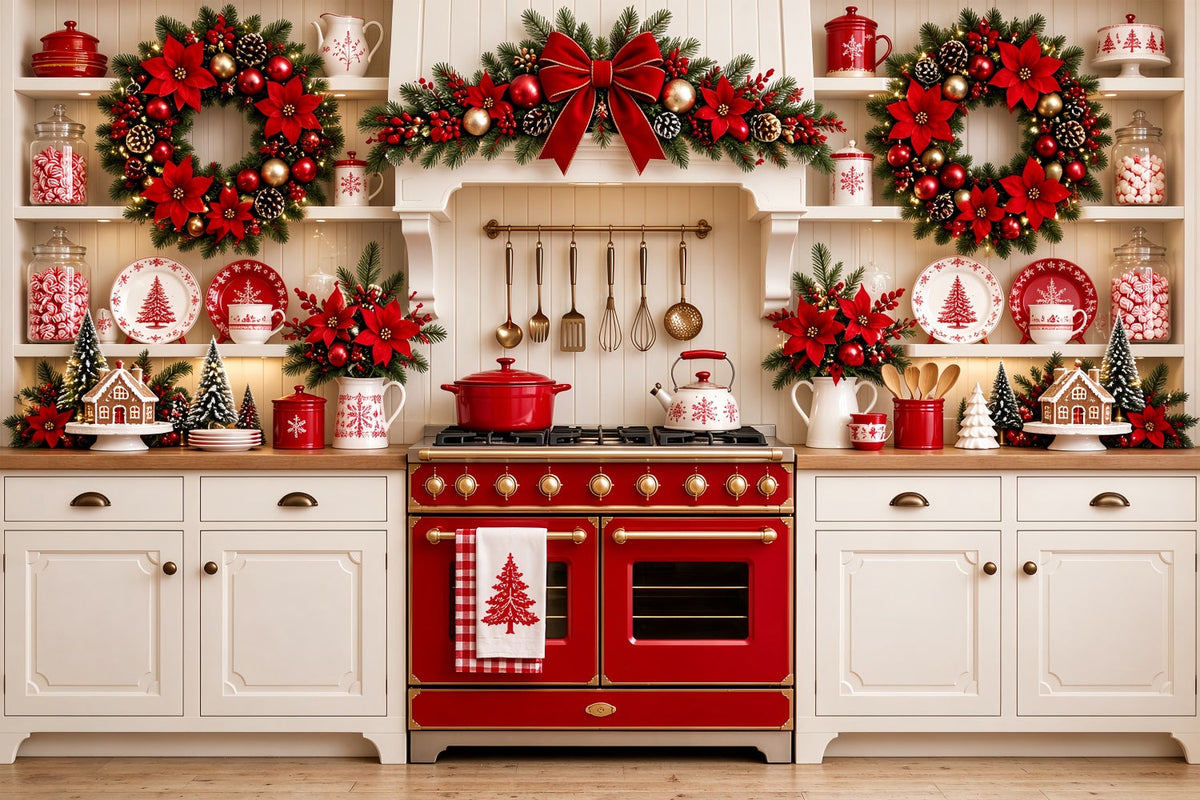 Fond Photo Cuisine De Noël Présentoir Poinsettias Rouges ZTT69-77