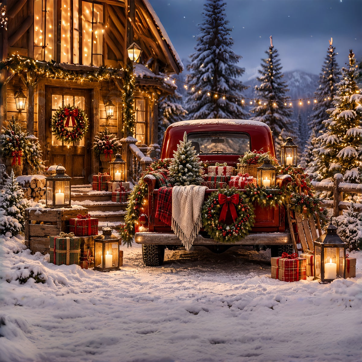 Fond De Noël Camionnette Rouge Vintage Cadeaux ZTT69-78