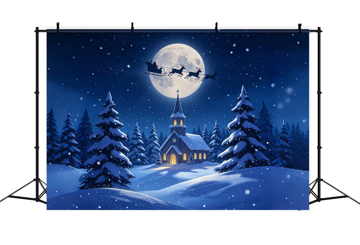 Décor De La Nuit De Noël Église Au Clair De Lune Forêt Enneigée Fond De Noël En Mousseline ZTT69-8