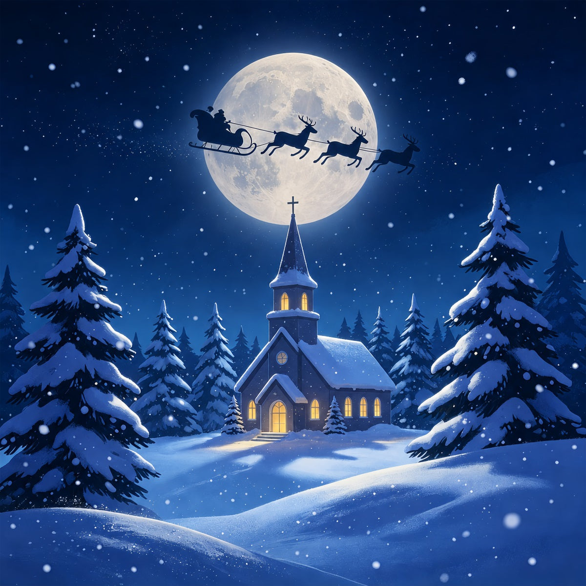 Décor De La Nuit De Noël Église Au Clair De Lune Forêt Enneigée Fond De Noël En Mousseline ZTT69-8