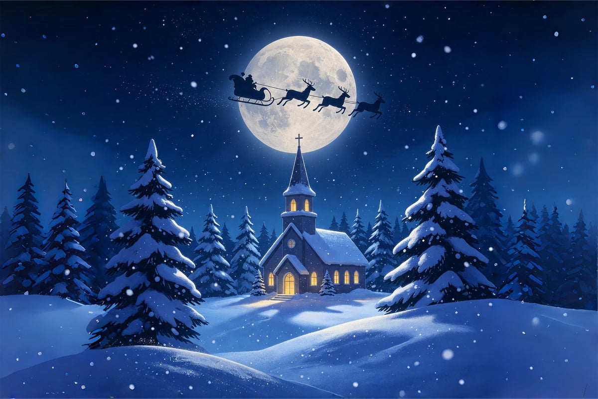 Décor De La Nuit De Noël Église Au Clair De Lune Forêt Enneigée Fond De Noël En Mousseline ZTT69-8