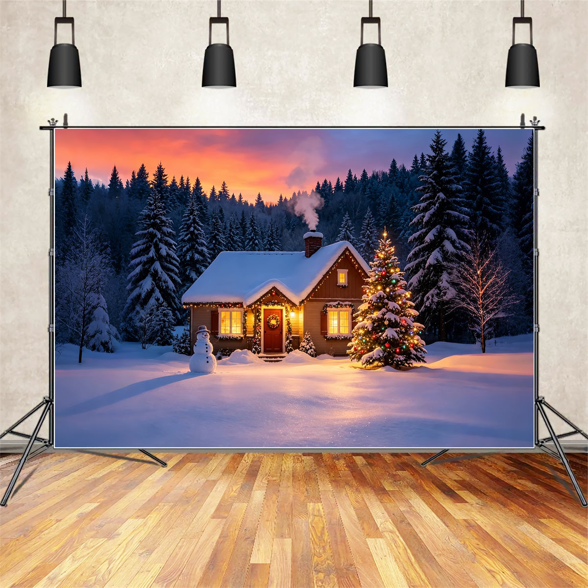 Décor De Noël Enneigé Coucher De Soleil Dans Une Cabane D'Hiver Fond En Mousseline De Noël ZTT69-9