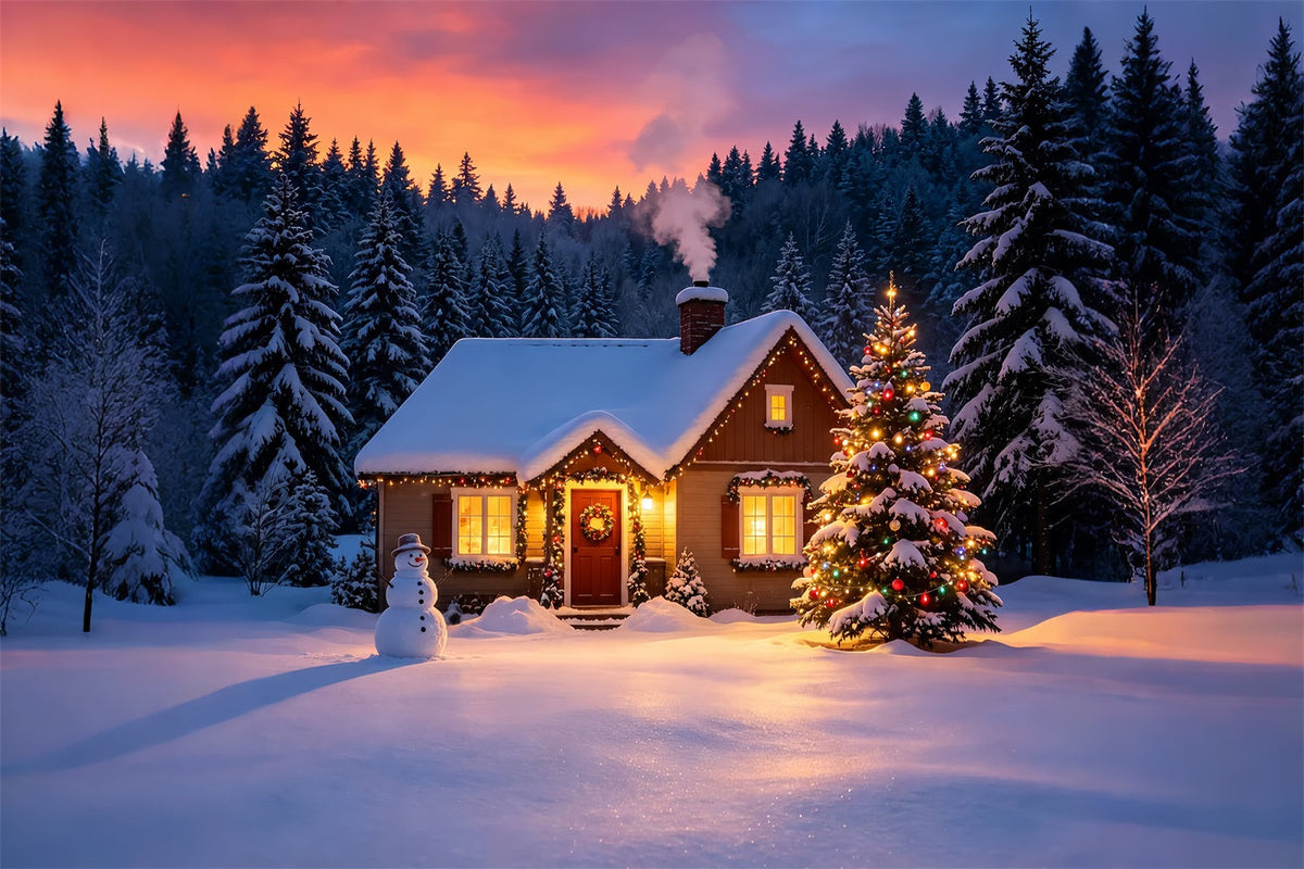 Décor De Noël Enneigé Coucher De Soleil Dans Une Cabane D'Hiver Fond En Mousseline De Noël ZTT69-9