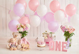 Toile de fond de1er anniversaire Fondations ballons gâteau rose photographie D283