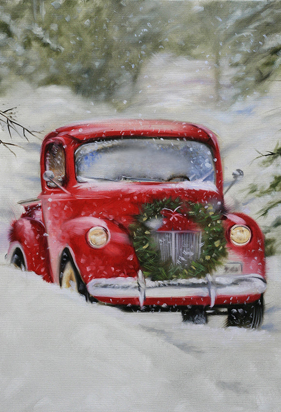 Christmas Red Truck Snow Backdrop for Photography