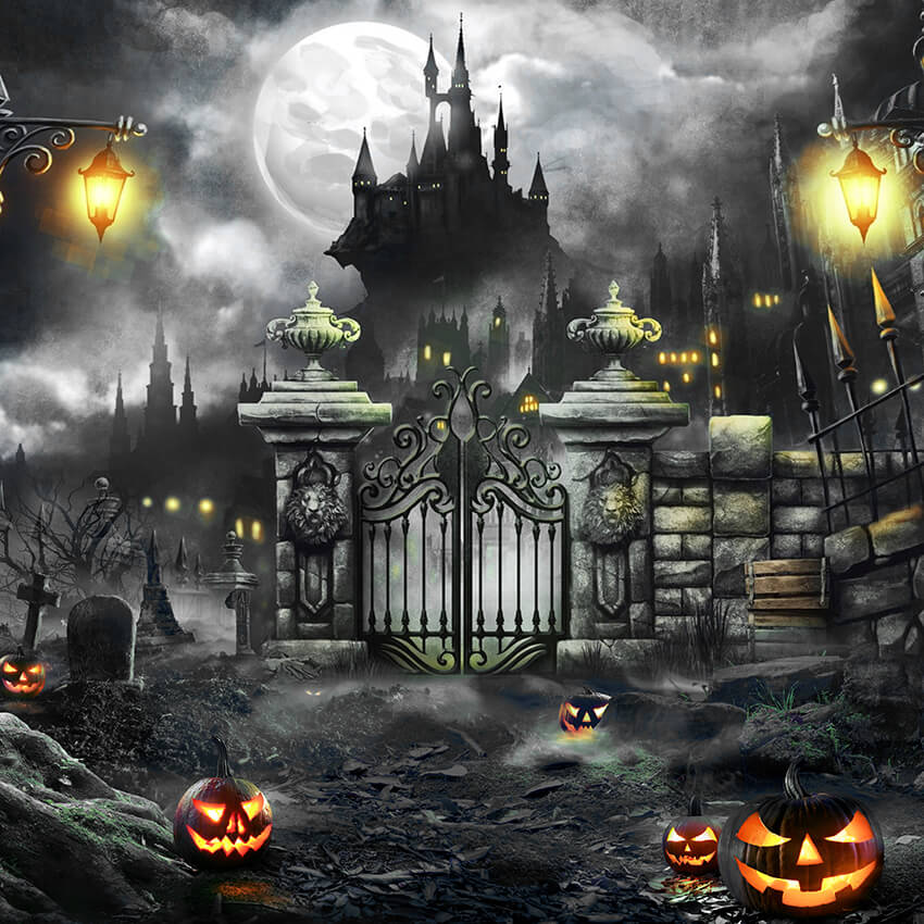 Halloween nuit porte château photographie toile de fond D909
