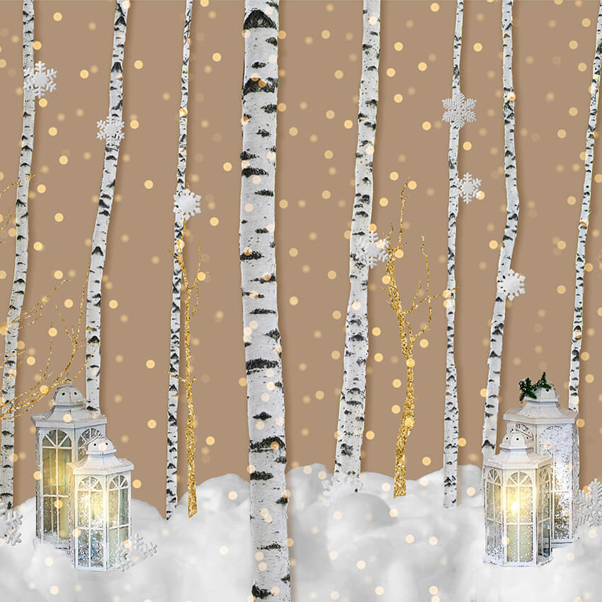 Tronc d'arbre d'hiver Flocon de neige Toile de fond de Noël D924