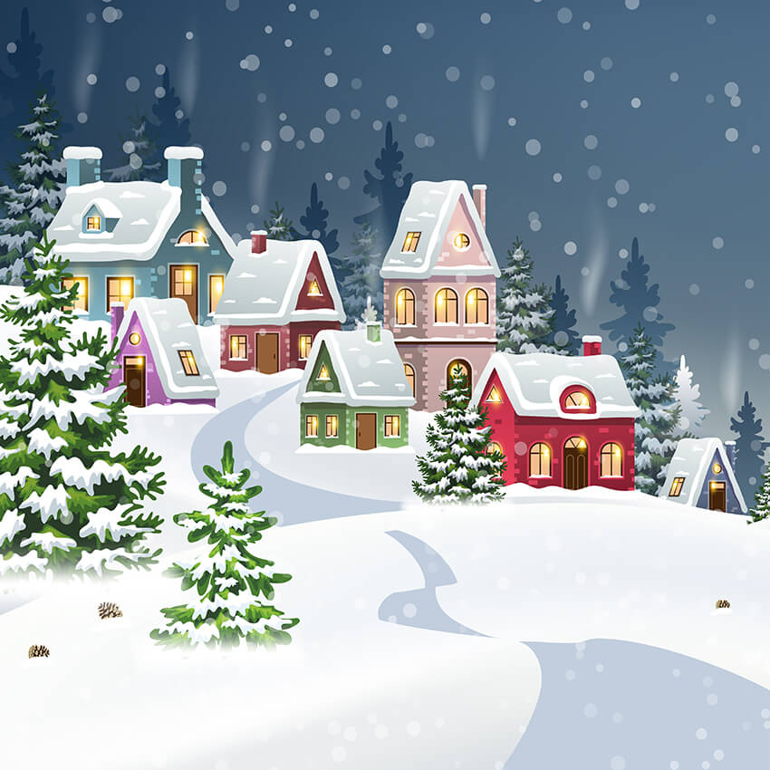 Snowy Winter Little Houses Toile de fond de Noël D956