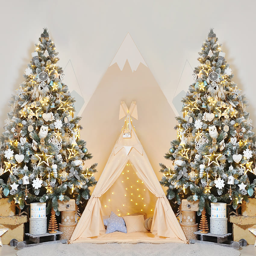 Toile de fond de photographie de petite tente d'arbre de Noël D984