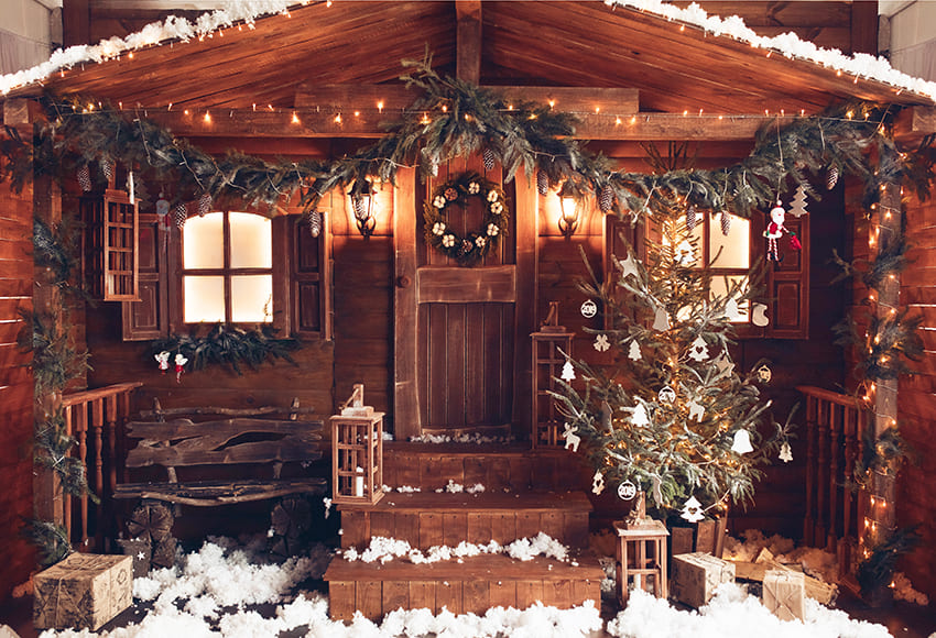 Snowy Cozy Wooden House Winter Backdrop