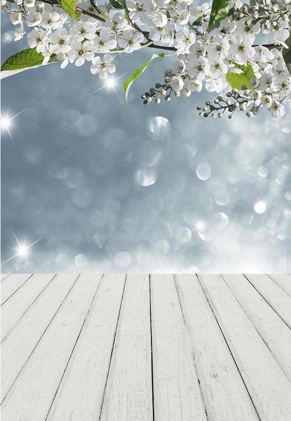 White Spring Flowers Wood Floor Bokeh Photography Backdrop F-2340