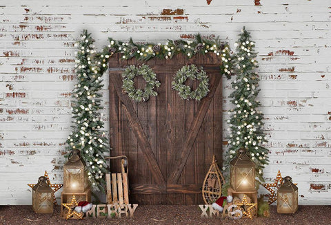 Toile De Fond De Noël De Porte En Bois De Mur Blanc Pour La Décoration G-1474