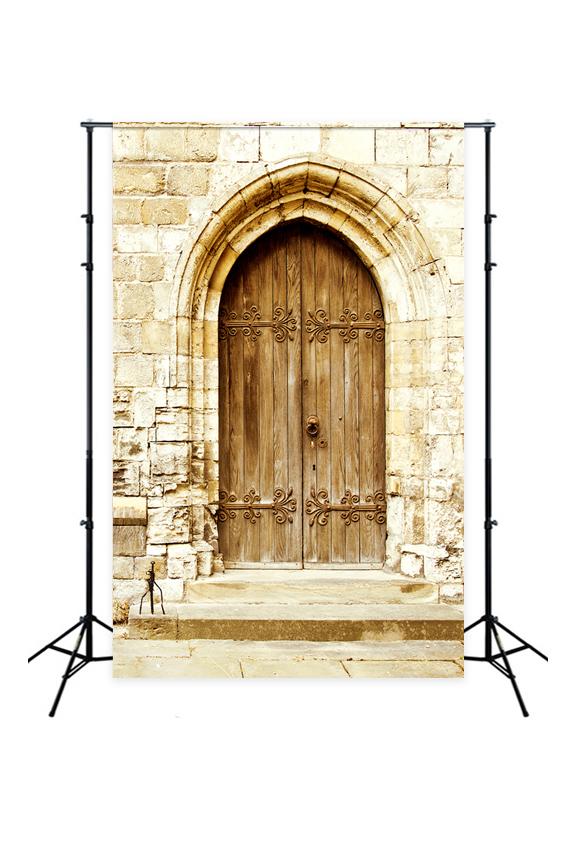 Brown Wooden Door Stone Wall Photography Backdrops  J03182