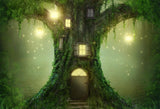 Toile de fond de bébé Toile de fond de conte de fées de bande dessinée Grands arbres Maison en bois Milieux J03524
