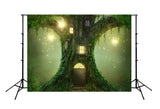 Toile de fond de bébé Toile de fond de conte de fées de bande dessinée Grands arbres Maison en bois Milieux J03524