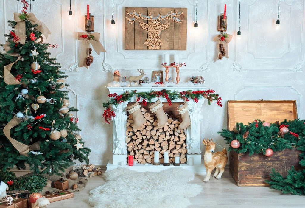 Christams Tree  Fireplace White Wall Photo Booth Backdrop KAT-21