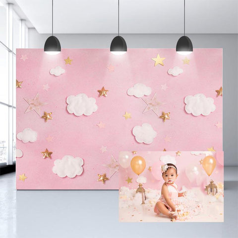 White Clouds Stars Pink Newborn Backdrop for Photography NB-243
