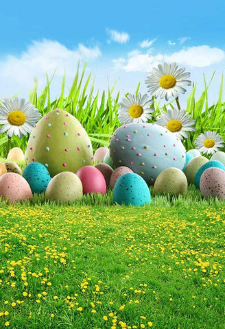 Easter Eggs Green Grass Yellow Flowers Backdrop for Photo Booth S-219