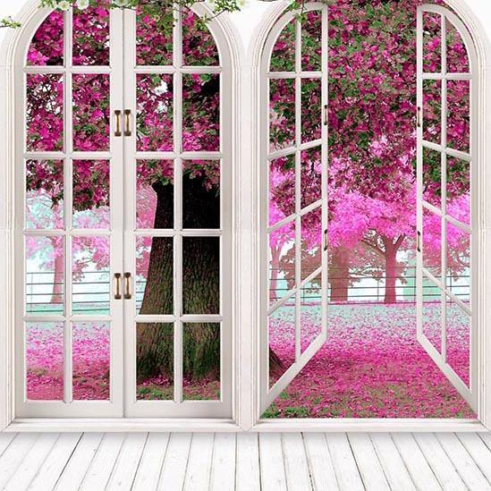 White Window Pink Flowers Tree Scennery Backdrops for Photo Studio S-3048