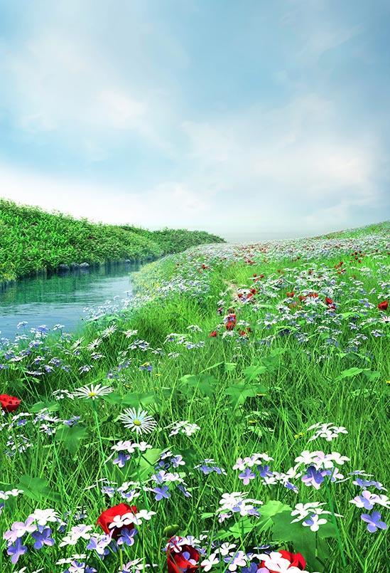 Flowers Green Grass Spring Nature Scenery Backdrop for Photo Shoot S-3100