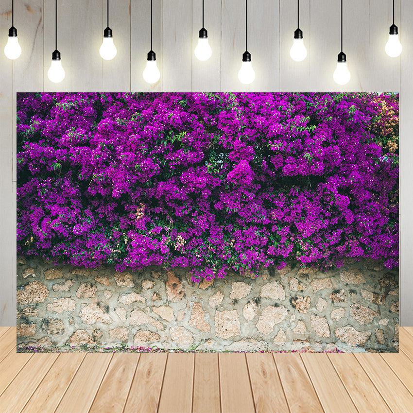 Stone Wall Purple Blooming Flowers Backdrop